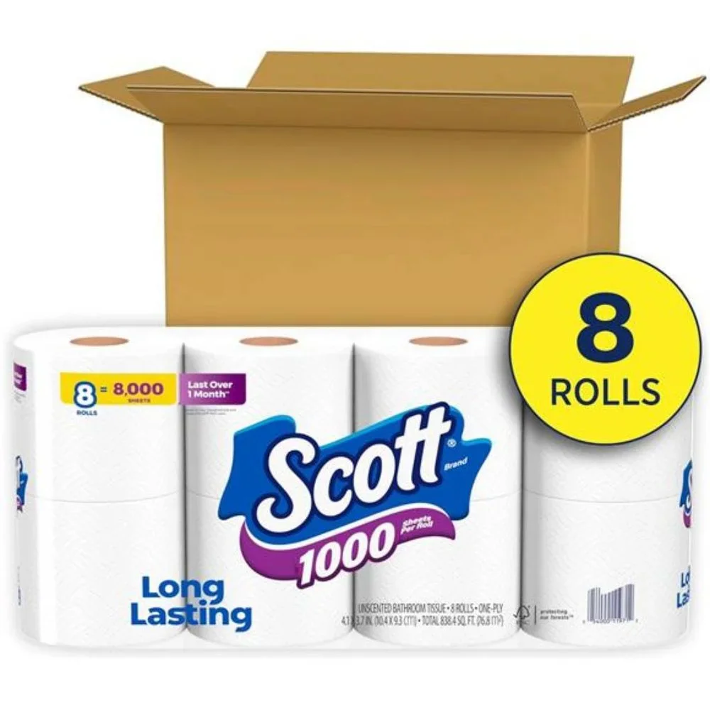 1000 Toilet Paper, 8 Rolls, Septic-Safe, 1-Ply Toilet Tissue